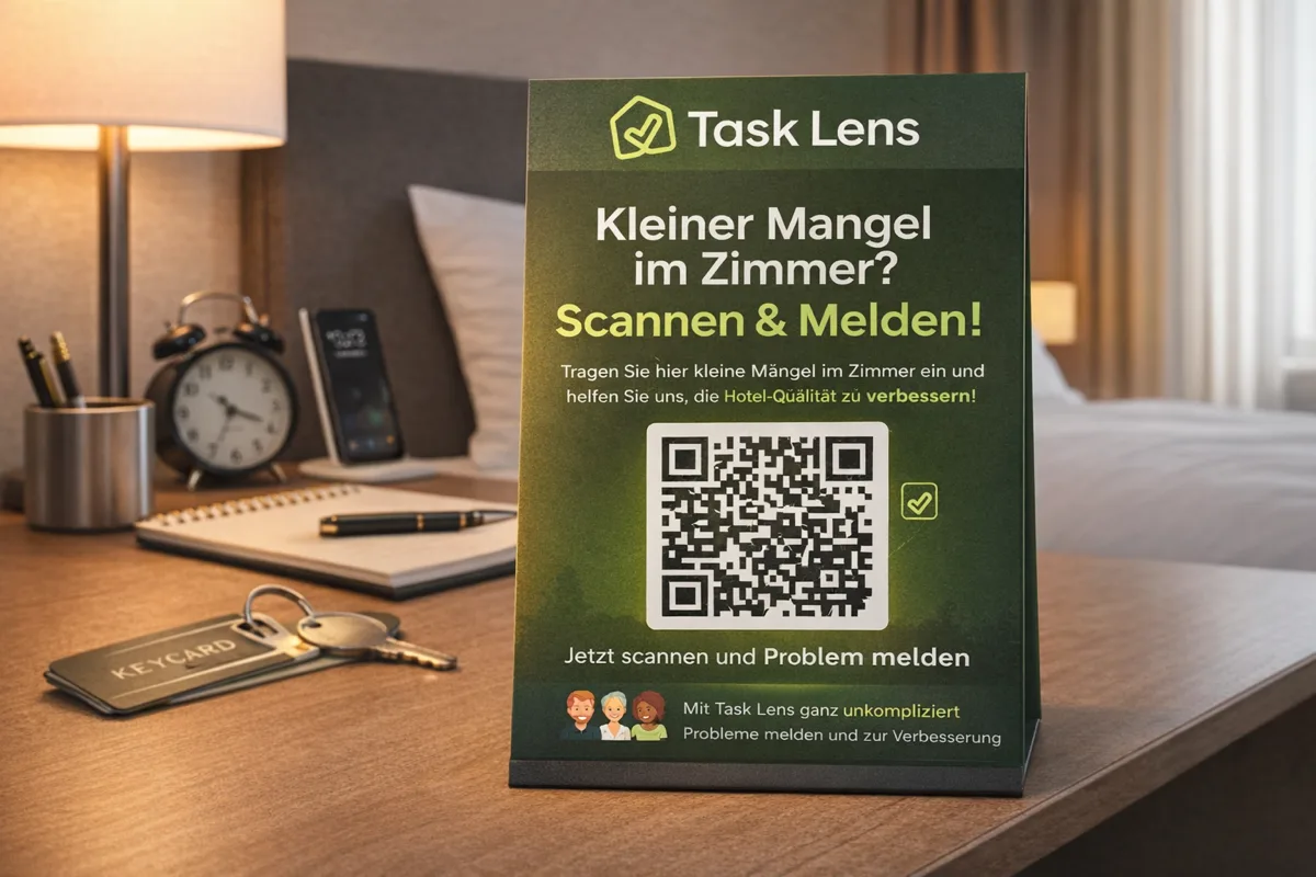 TaskLens-Aufsteller mit QR-Code auf dem Nachttisch im Hotelzimmer